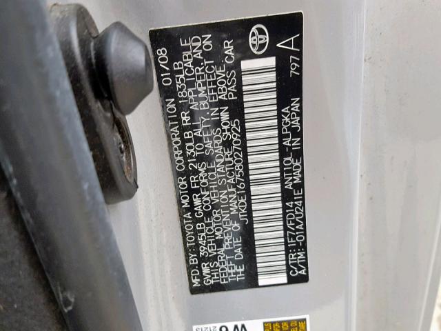 JTKDE167580270925 - 2008 TOYOTA SCION TC SILVER photo 10