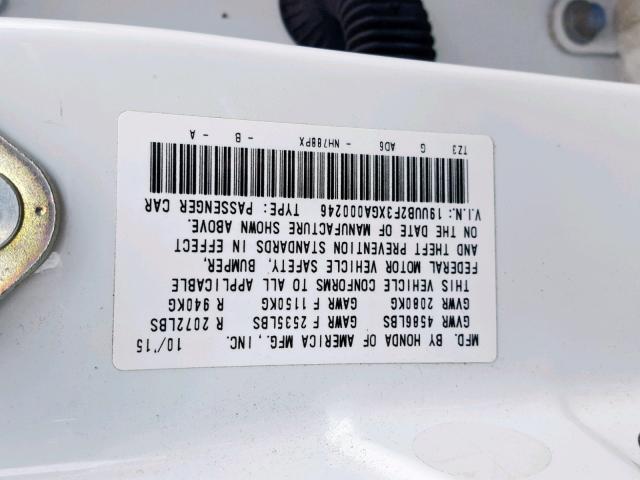 19UUB2F3XGA000246 - 2016 ACURA TLX WHITE photo 10