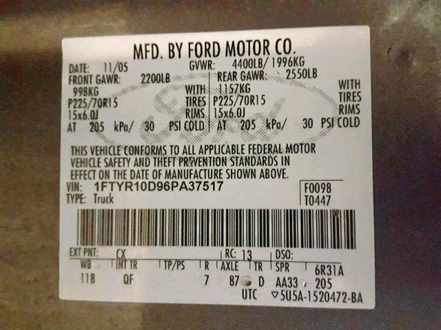 1FTYR10D96PA37517 - 2006 FORD RANGER GRAY photo 10
