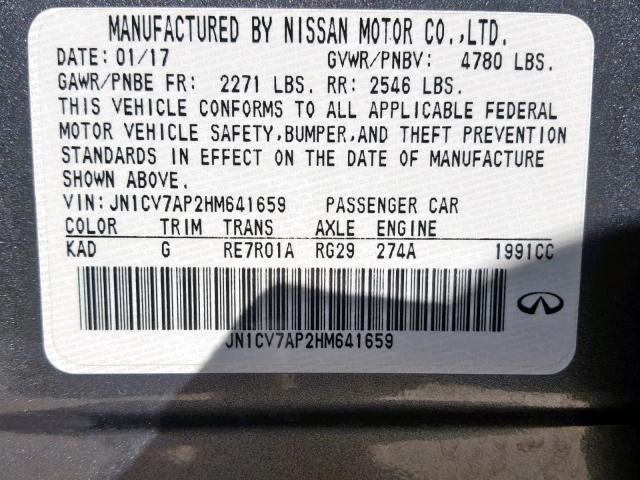 JN1CV7AP2HM641659 - 2017 INFINITI Q50 BASE GRAY photo 10