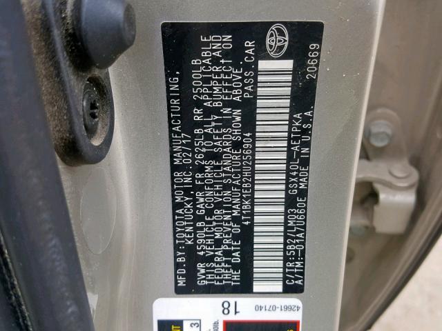 4T1BK1EB2HU256904 - 2017 TOYOTA AVALON XLE BEIGE photo 10