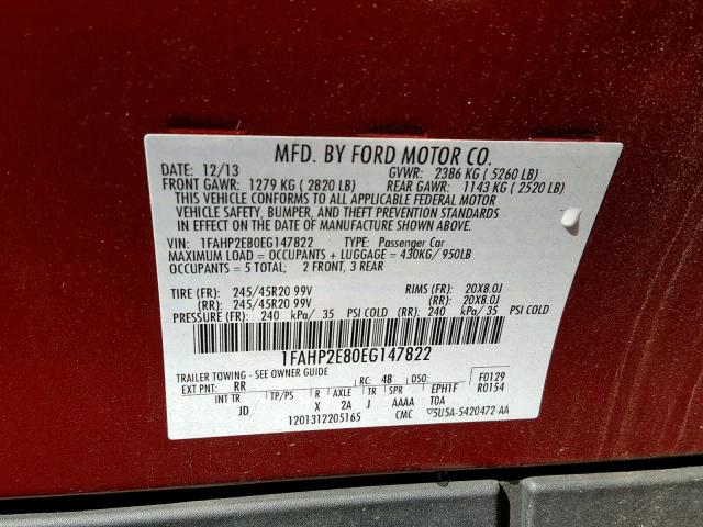 1FAHP2E80EG147822 - 2014 FORD TAURUS SEL RED photo 10