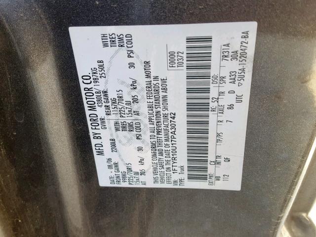 1FTYR10U17PA30742 - 2007 FORD RANGER CHARCOAL photo 10