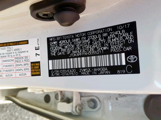 JTDKARFPXH3055211 - 2017 TOYOTA PRIUS PRIM 白色 照片 10