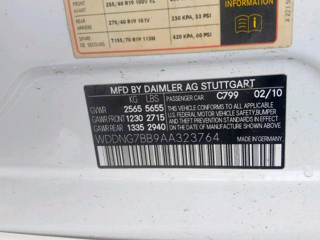 WDDNG7BB9AA323764 - 2010 MERCEDES-BENZ S 550 WHITE photo 10