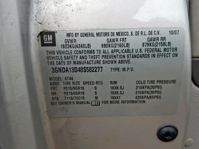 3GNDA13D48S582277 - 2008 CHEVROLET HHR LS Plata foto 10