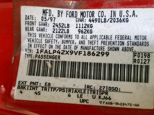 1FALP42X9VF186299 - 1997 FORD MUSTANG GT RED photo 10