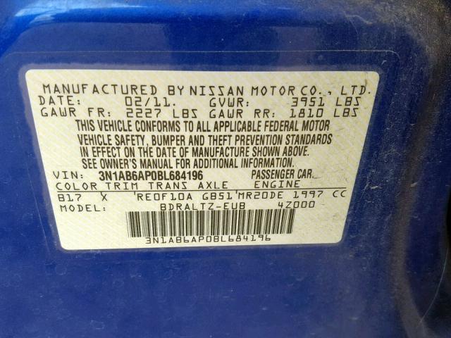 3N1AB6AP0BL684196 - 2011 NISSAN SENTRA 2.0 BLUE photo 10