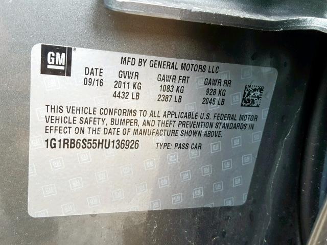 1G1RB6S55HU136926 - 2017 CHEVROLET VOLT PREMI GRAY photo 10