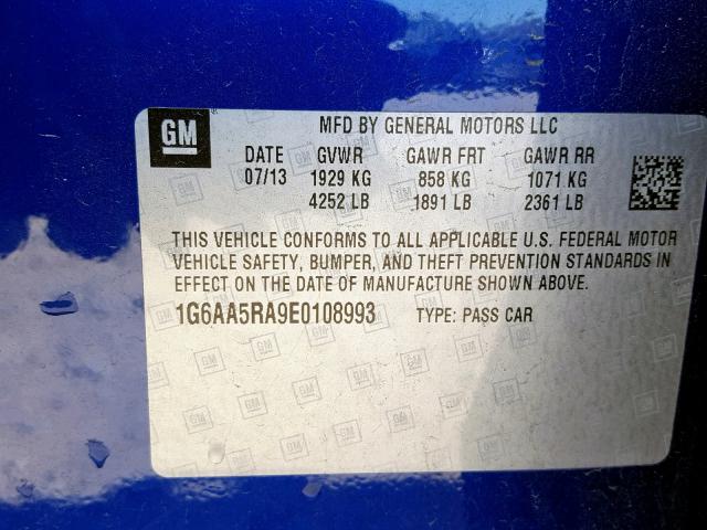 1G6AA5RA9E0108993 - 2014 CADILLAC ATS BLUE photo 10