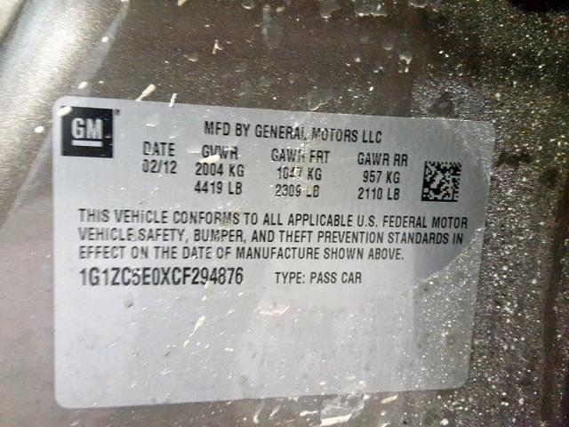 1G1ZC5E0XCF294876 - 2012 CHEVROLET MALIBU 1LT SILVER photo 10