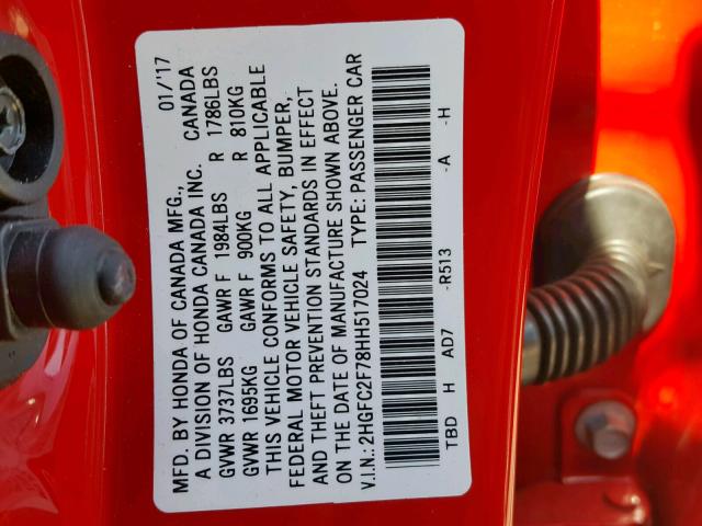 2HGFC2F78HH517024 - 2017 HONDA CIVIC EX RED photo 10