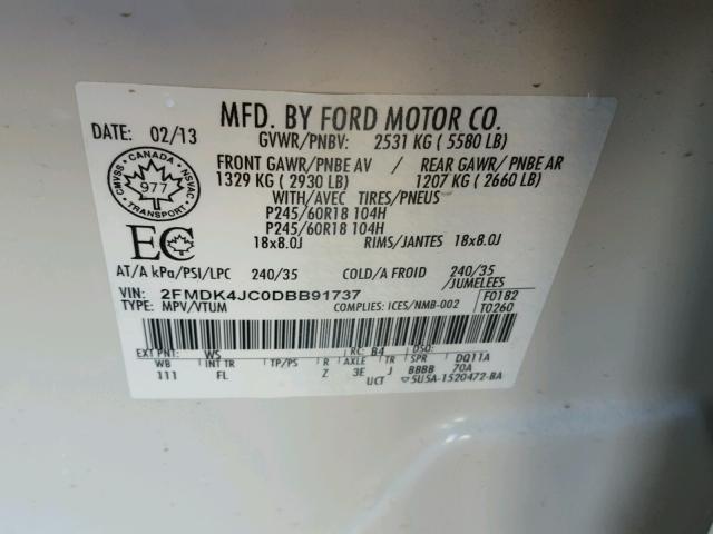 2FMDK4JC0DBB91737 - 2013 FORD EDGE SEL WHITE photo 10