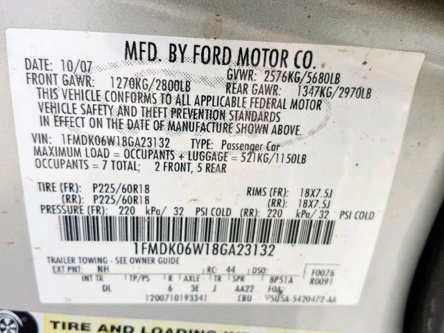 1FMDK06W18GA23132 - 2008 FORD TAURUS X L CREAM photo 10