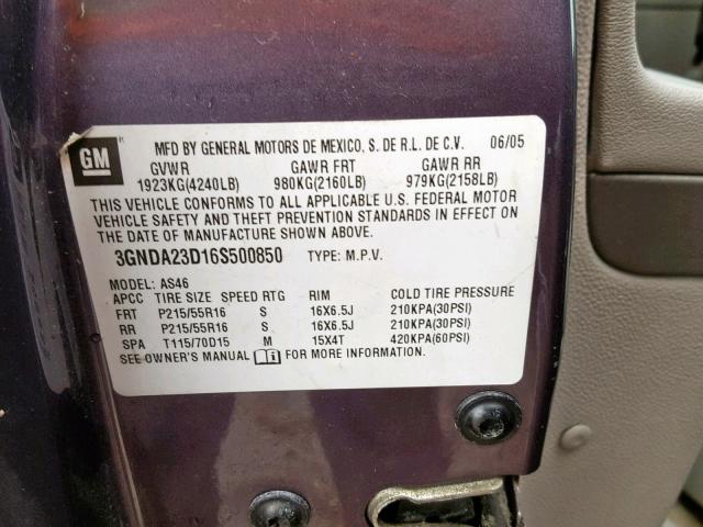 3GNDA23D16S500850 - 2006 CHEVROLET HHR LT PURPLE photo 10