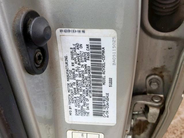 4T1BE32K22U624903 - 2002 TOYOTA CAMRY LE SILVER photo 10