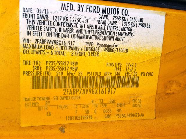 2FABP7AV9BX161917 - 2011 FORD CROWN VICT YELLOW photo 10