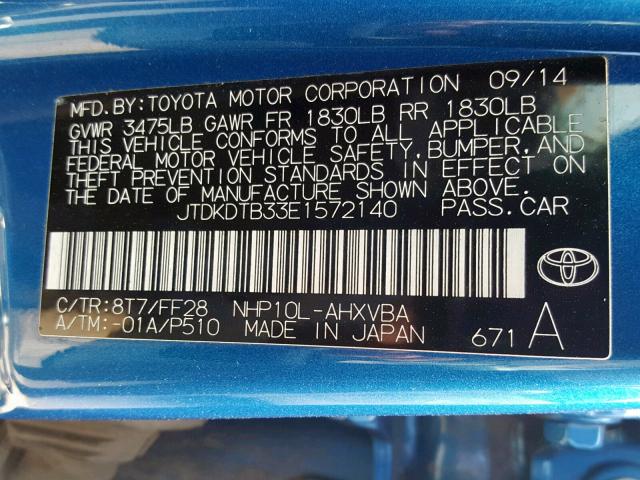 JTDKDTB33E1572140 - 2014 TOYOTA PRIUS C BLUE photo 10