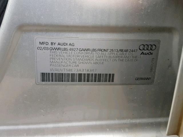 WAUVT58E73A318347 - 2003 AUDI A4 3.0 AVA SILVER photo 10