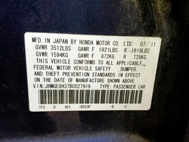 JHMGE8H37BC027919 - 2011 HONDA FIT BLUE photo 10