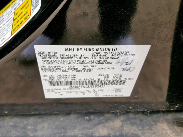 MAJ6P1WL2JC192427 - 2018 FORD ECOSPORT T BLACK photo 10