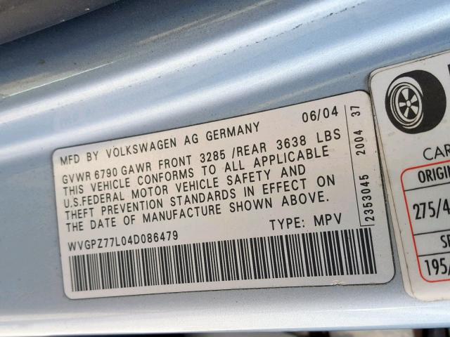 WVGPZ77L04D086479 - 2004 VOLKSWAGEN TOUAREG TD SILVER photo 10