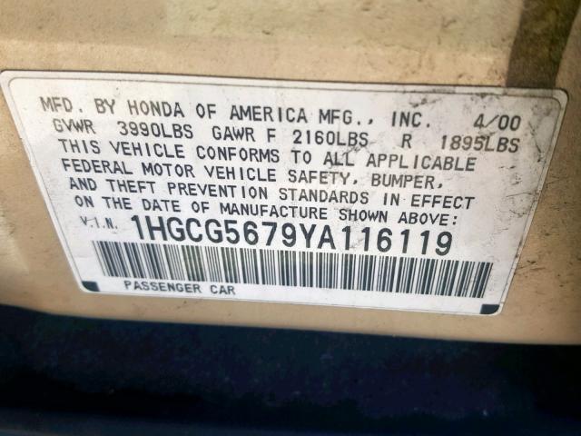 1HGCG5679YA116119 - 2000 HONDA ACCORD GOLD photo 10