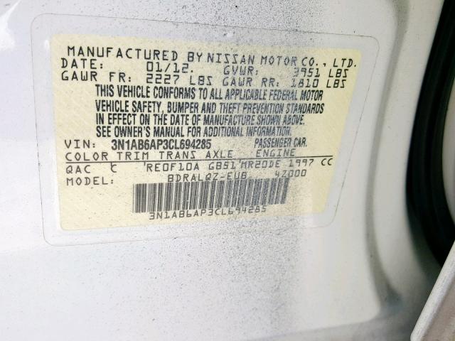 3N1AB6AP3CL694285 - 2012 NISSAN SENTRA 2.0 WHITE photo 10