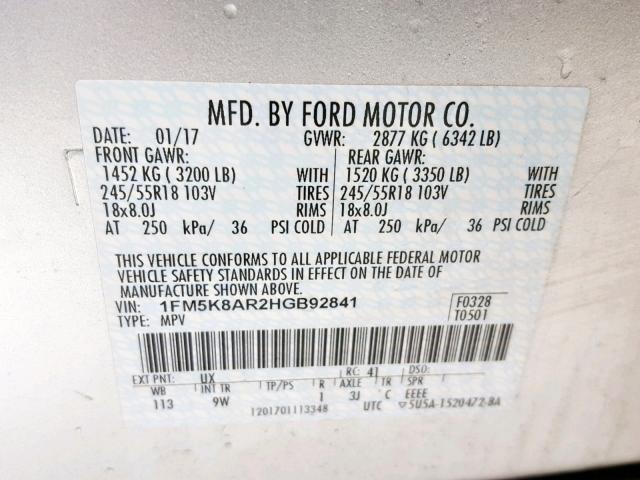 1FM5K8AR2HGB92841 - 2017 FORD EXPLORER P SILVER photo 10