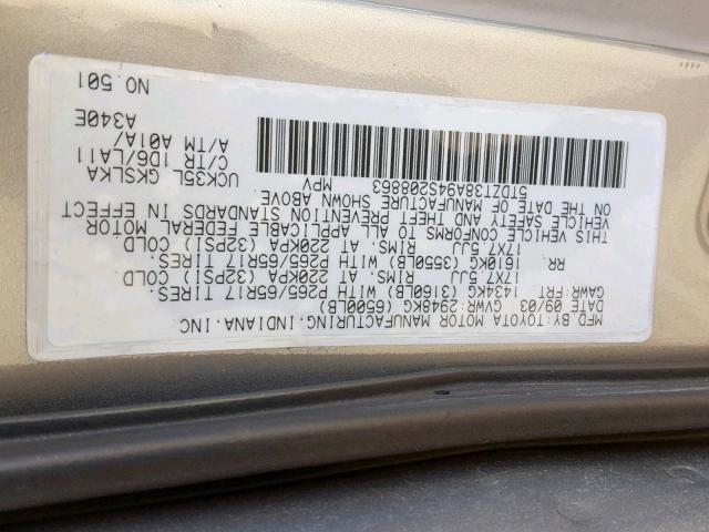 5TDZT38A94S208863 - 2004 TOYOTA SEQUOIA LI SILVER photo 10