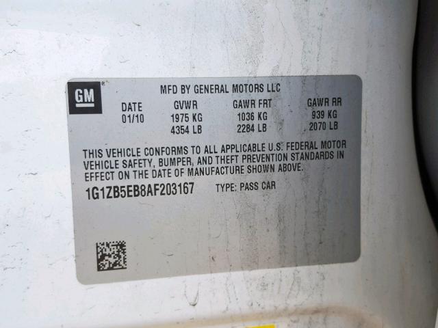 1G1ZB5EB8AF203167 - 2010 CHEVROLET MALIBU LS WHITE photo 10