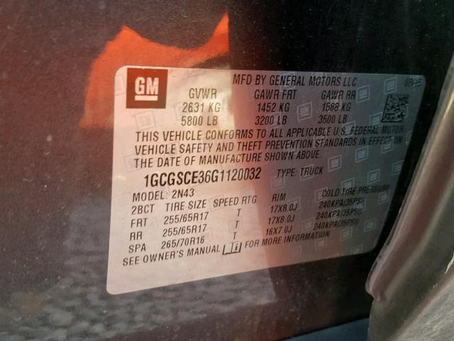 1GCGSCE36G1120032 - 2016 CHEVROLET COLORADO L GRAY photo 10