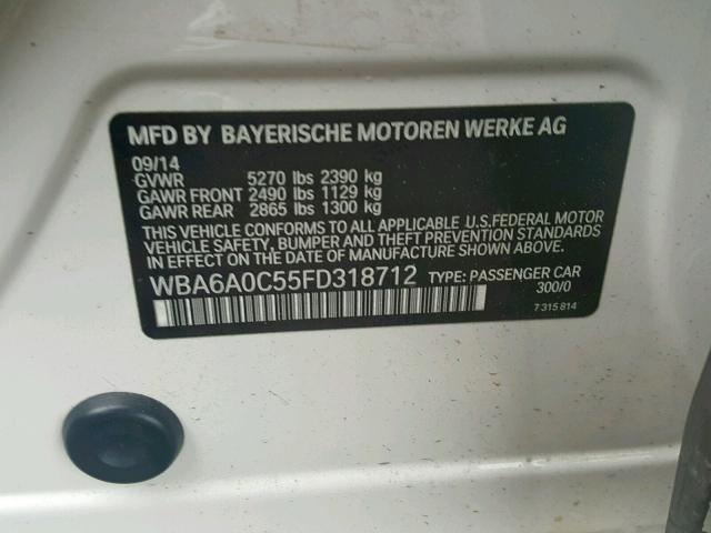 WBA6A0C55FD318712 - 2015 BMW 640 I WHITE photo 10