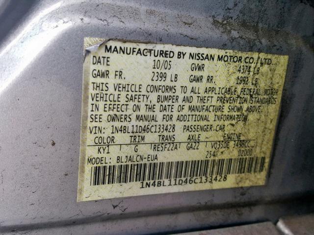 1N4BL11D46C133428 - 2006 NISSAN ALTIMA SE SILVER photo 10