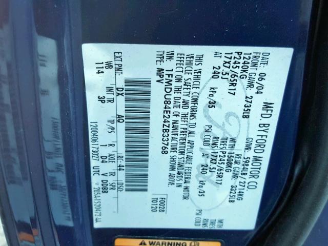 1FMDU84E24ZB33768 - 2004 FORD EXPLORER E BLUE photo 10