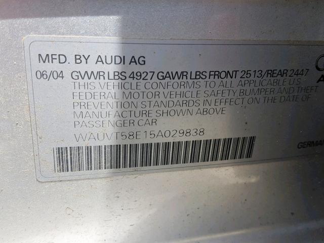 WAUVT58E15A029838 - 2005 AUDI A4 3.0 AVA SILVER photo 10