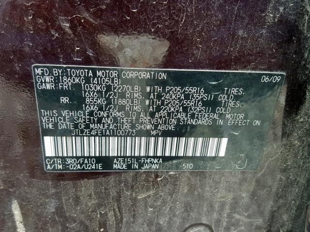 JTLZE4FE1A1100773 - 2010 TOYOTA SCION XB BLACK photo 10