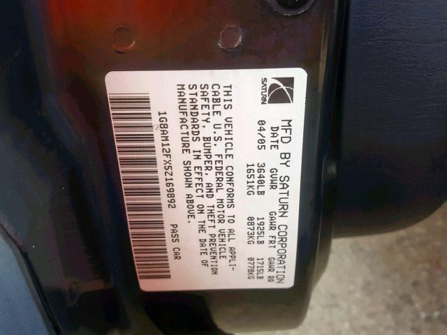 1G8AM12FX5Z169892 - 2005 SATURN ION LEVEL SILVER photo 10