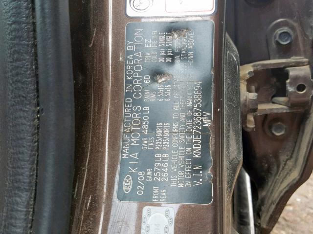 KNDJE723687538694 - 2008 KIA SPORTAGE E BROWN photo 10