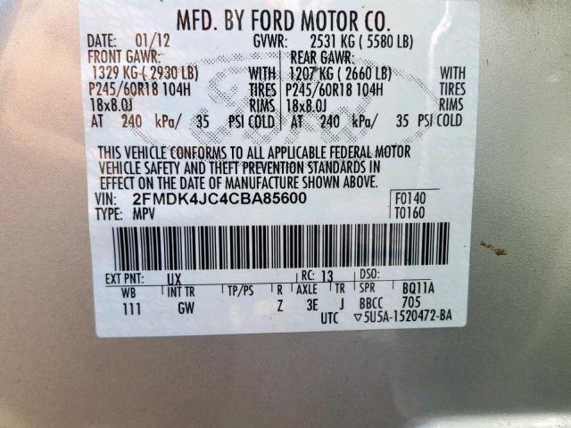 2FMDK4JC4CBA85600 - 2012 FORD EDGE SEL SILVER photo 10