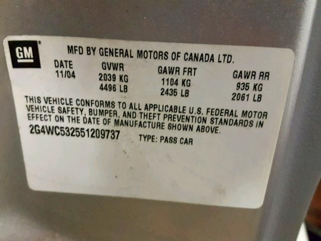 2G4WC532551209737 - 2005 BUICK LACROSSE C SILVER photo 10