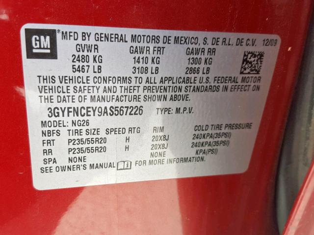 3GYFNCEY9AS567226 - 2010 CADILLAC SRX PREMIU RED photo 10