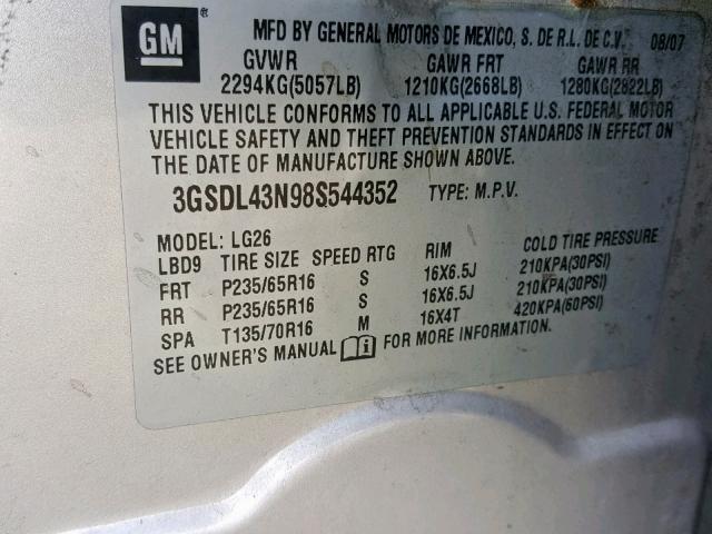 3GSDL43N98S544352 - 2008 SATURN VUE XE SILVER photo 10