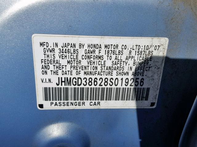 JHMGD38628S019256 - 2008 HONDA FIT SPORT BLUE photo 10