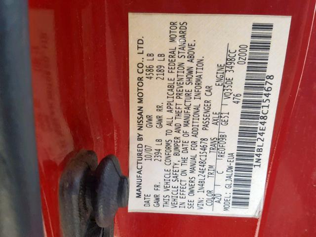 1N4BL24E48C154678 - 2008 NISSAN ALTIMA 3.5 RED photo 10