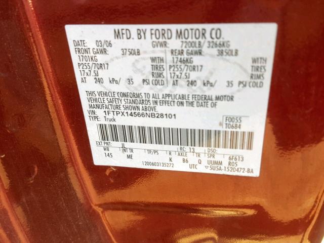 1FTPX14566NB28101 - 2006 FORD F150 RED photo 10