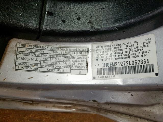 1HGEM21272L052864 - 2002 HONDA CIVIC DX GRAY photo 10