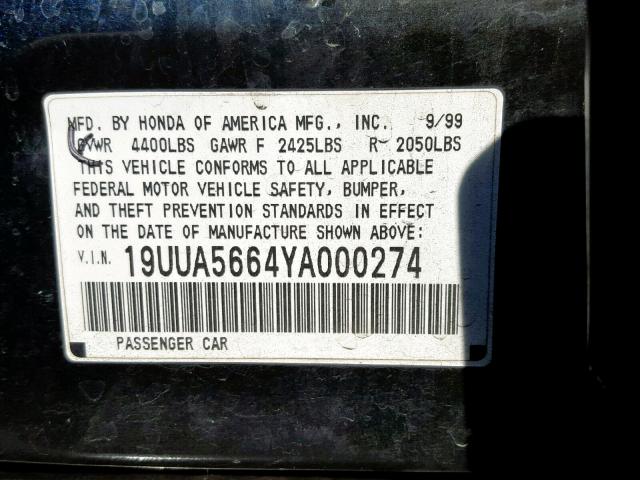 19UUA5664YA000274 - 2000 ACURA 3.2TL BLACK photo 10