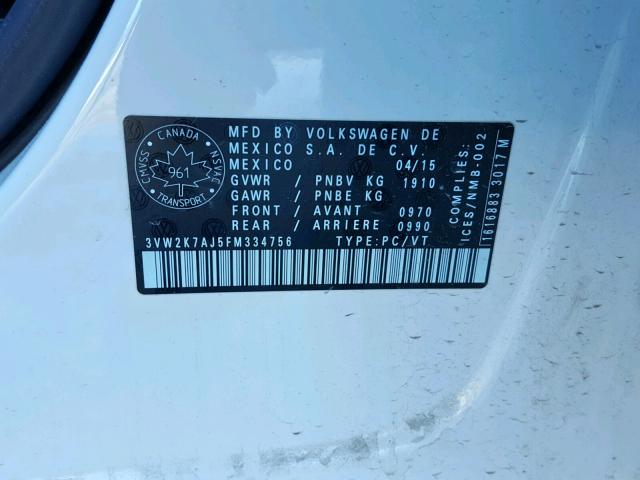 3VW2K7AJ5FM334756 - 2015 VOLKSWAGEN JETTA BASE WHITE photo 10