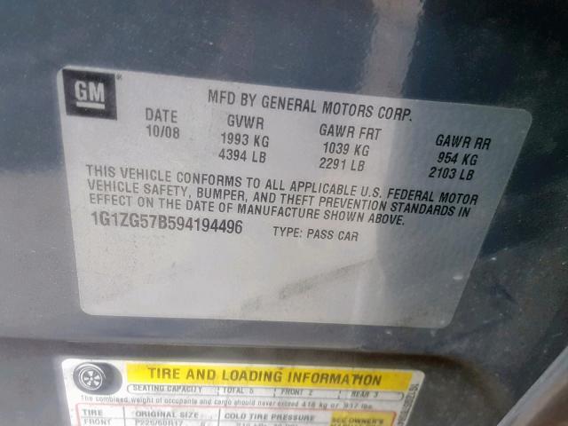 1G1ZG57B594194496 - 2009 CHEVROLET MALIBU LS GRAY photo 10